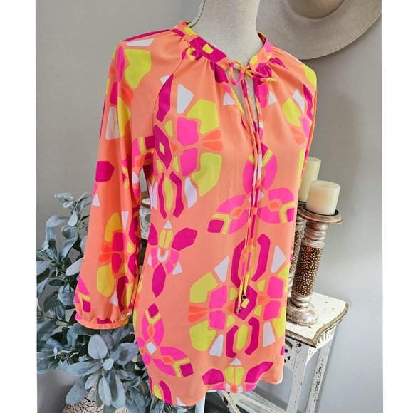Britt Ryan Orange Bold Print Lightweight Long Sleeves Blouse Top - Picture 1 of 8
